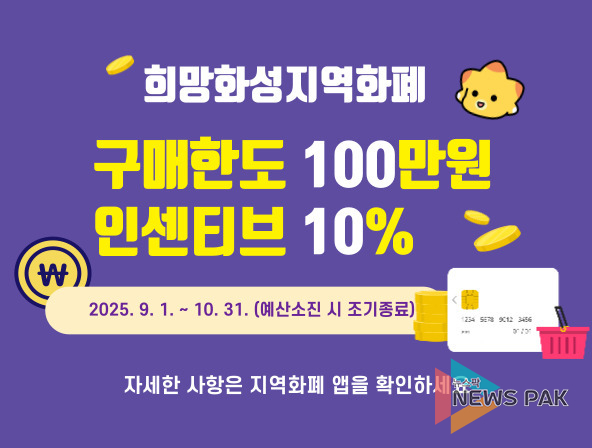 화성특례시, 9~10월 지역화폐 확대 발행...구매한도 100만 원까지로 상향