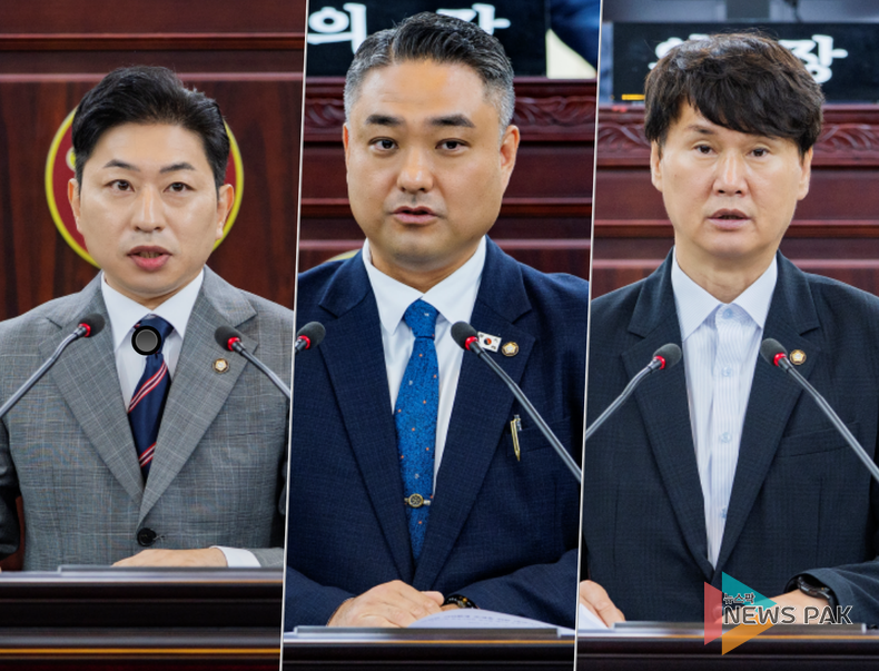 5분 발언중인 김종복 의원, 김상균 의원, 송선영 의원 모습