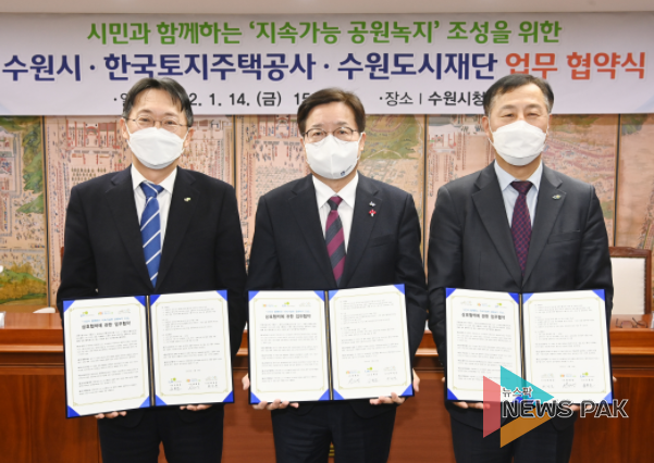 염태영 수원시장(가운데), 김현준 LH 사장(왼쪽), 허정문 수원도시재단 이사장(오른쪽)이 협약식 후 기념촬영을 하고 있다.