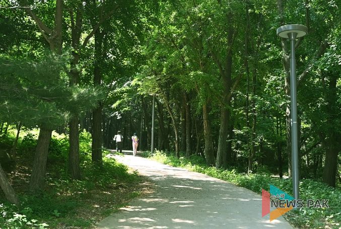 대유평공원과 이어지는 숙지산 보행로를 시민들이 걷고 있다.