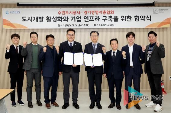 5일 오전 더함파크에서 열린 ‘도시개발 활성화와 기업 인프라 구축을 위한 협약식’에서 허정문 사장(왼쪽 다섯번째) 김춘호 경기경영자총협회장등 두 기관 관계자들이 기념촬영을 하고 있다. (사진=수원도시공사 제공)