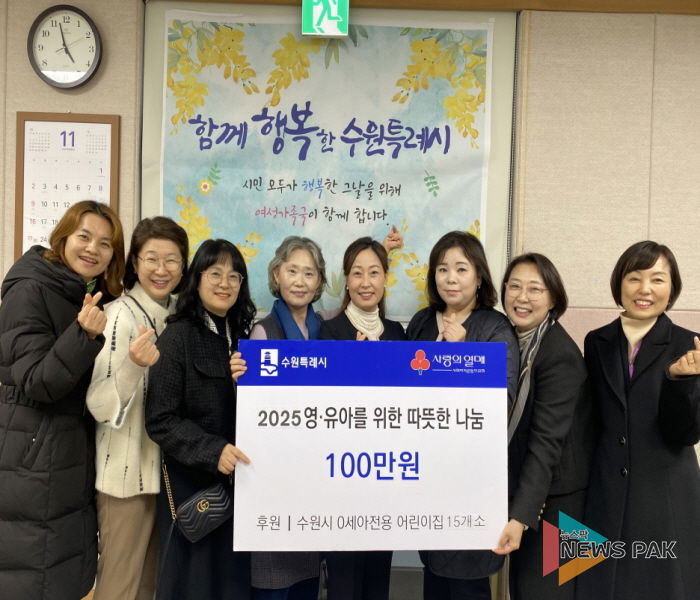 수원특례시 관계자와 수원시0세아전용어린이집 연합회 관계자들이 후원금 전달 후 기념사진을 촬영하고 있다.