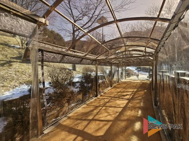 병목안시민공원 맨발산책길에 설치한 지붕 캐노피와 방한 비닐막 사진