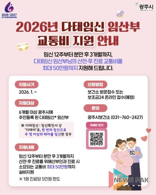 광주시, 다태임신 임산부 교통비 지원…고위험 임신 맞춤형 관리 강화