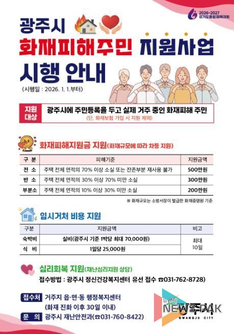 광주시, 화재피해 지원제도 본격 시행…최대 500만 원 지원