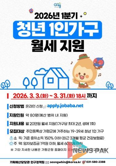 가평군, ‘1분기 청년 1인 가구 월세 지원사업’ 시행