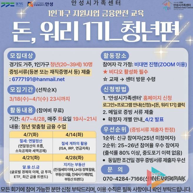 안성시 가족센터, 1인 가구 지원사업...금융안전 교육 '돈, 워리 1기' 청년 참여자 모집