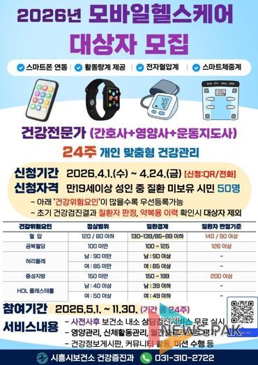 시흥시보건소, ‘모바일 헬스케어’ 사업 참여자 모집…맞춤형 건강관리 서비스 제공