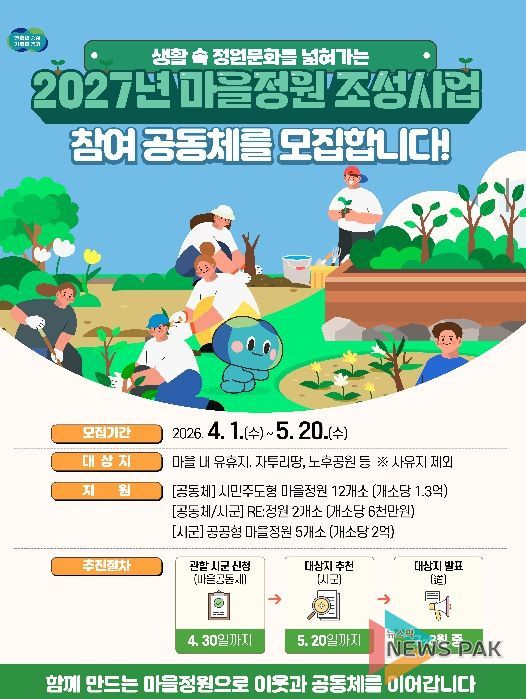 경기도, 최대 1억 3천만 원 지원 ‘2027년 마을정원 조성사업’ 참여 공동체 모집